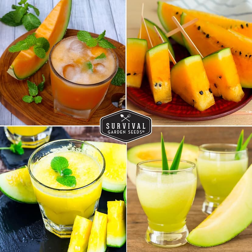 Survival Garden Seeds Melon Collection - 6 Packs of Heirloom Melon Fruit Seed: Honey Rock Cantaloupe, Hale's Best, Honeydew Melons, Yellow Petite, Tendersweet Orange, Georgia Rattlesnake Watermelon