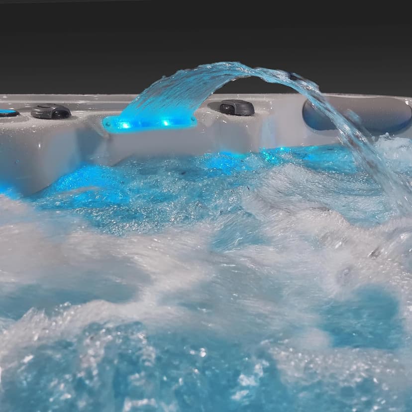 Destination Outdoor Hot Tub, 5-Person 59-Jet 80-Port 4-Pump Lounger Spa with Waterfall Arch and Bluetooth Stereo by Aqualife by Strong Spas