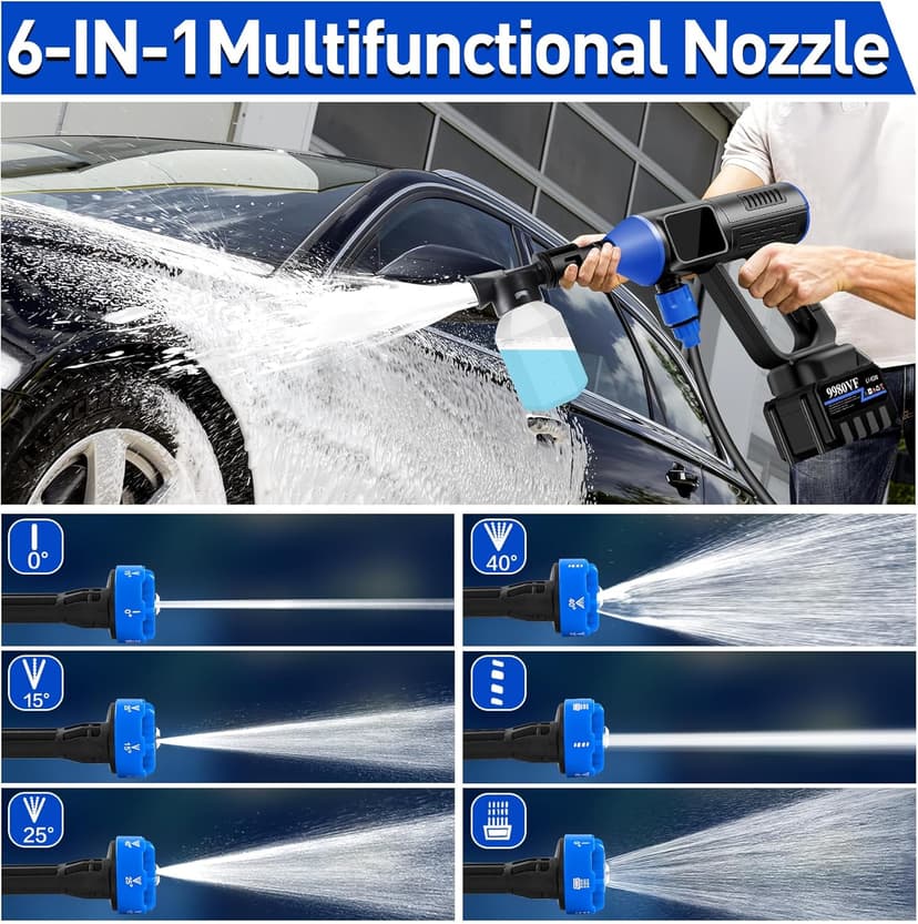 Cordless Power Washer Portable, 800 PSI High Pressure Washer Gun,15000mAh Battery Operated Power Washer with 6-in-1 Adjustable Nozzle, Handheld Pressure Washer for Car, Home& Patio Cleaning