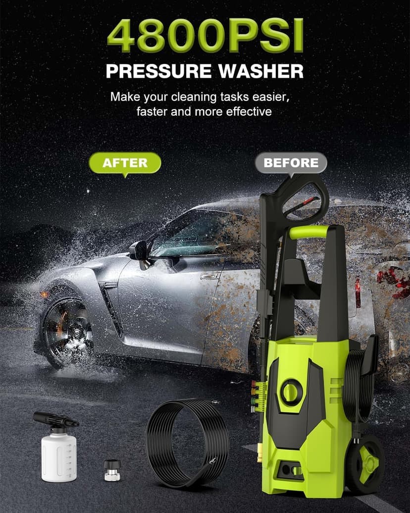 AgiiMan Electric Pressure Washer - 4800PSI Max 3.2 GPM Power Washer with 35FT Power Cord, 20FT Hose, Soap Tank, High Pressure Washer Electric Powerd Car Cleaning for Garden, Patios, Yard, Green