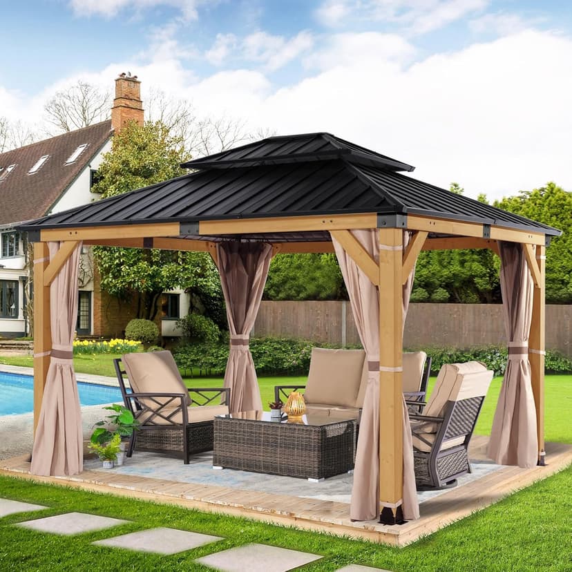 StarEcho 10'x12' Wooden Hardtop Gazebo,Wood Heavy Duty Solid Cedar Gazebos with Mosquito Netting and Waterproof Curtains,Outdoor Metal Canopy for Backyard,Lawn, Garden, Deck