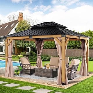 StarEcho 10'x12' Wooden Hardtop Gazebo,Wood Heavy Duty Solid Cedar Gazebos with Mosquito Netting and Waterproof Curtains,Outdoor Metal Canopy for Backyard,Lawn, Garden, Deck