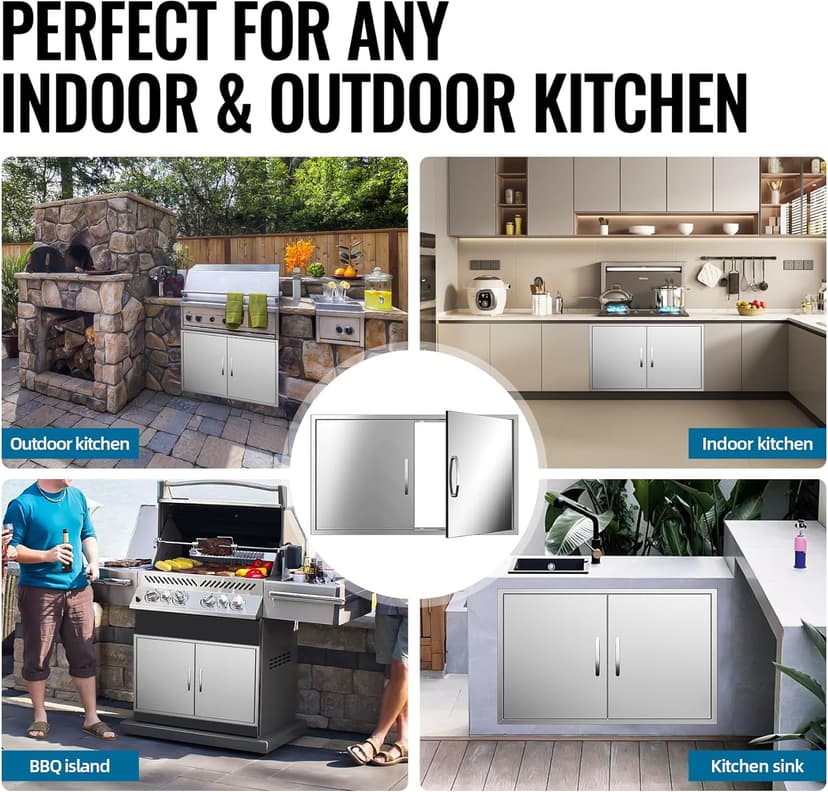 Outdoor Kitchen Door 36" W x 21" H 304 Brushed Durable Stainless Steel BBQ Access Doors with Detachable Handles for BBQ Island, Grill Station, and Outdoor Cabinets