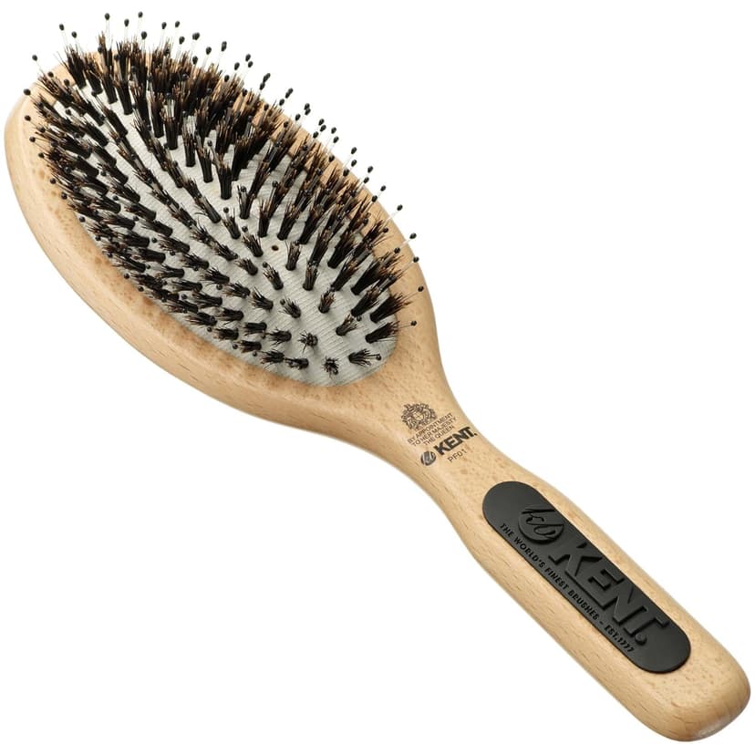 KENT PF01 Large Cushion Detangler Brush, Boar Bristle and Non-Scratch Nylon Mix Hairbrush for Straightening Smoothing. Oval Wood Paddle Detangling Hair Brush for Medium to Long Hair, Made in England
