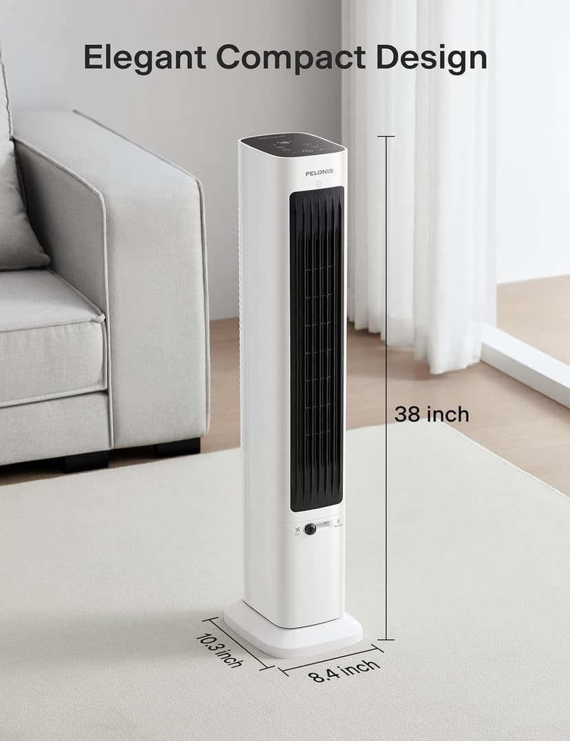 PELONIS Oscillating Tower Fan and Heater Combo with Remote Control - Heater Fan Combo for Indoor Use – 3 Fan and 2Heater Speeds, 12-HR Timer, ECO Mode, Tip Over and Overheat Protection, White