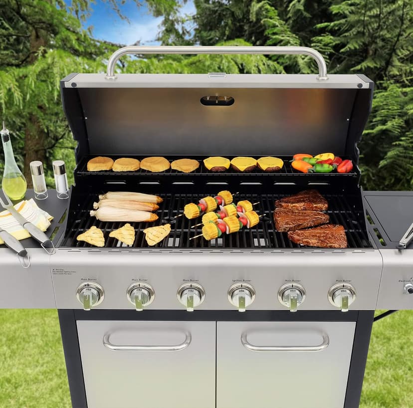 Kenmore 6-Burner Propane Gas BBQ Grill with Side Burner, 73,000 BTUs, Stainless Steel Cabinet Grill with Cast Iron Grates for Outdoor Cooking, Backyard BBQ, Patio, Large Parties