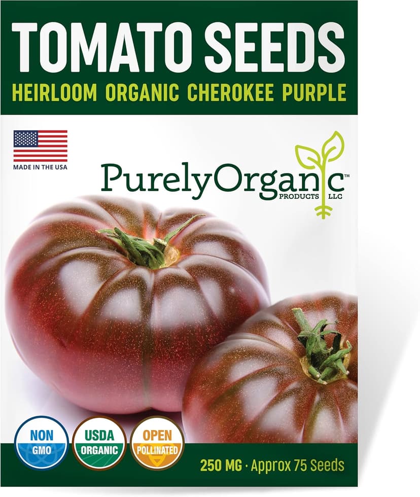 Purely Organic Tomato Seeds (Cherokee Purple) - Approx 75 Seeds - Certified Organic, Non-GMO, Open Pollinated, Heirloom, USA Origin