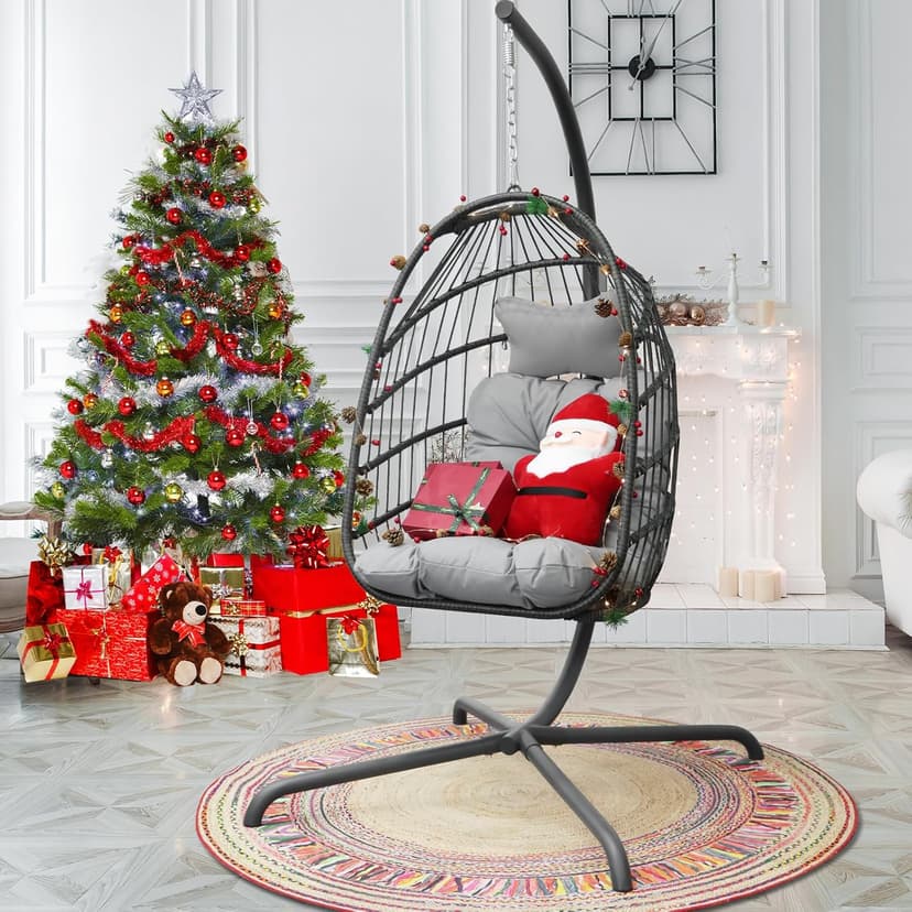NICESOUL Swing Egg Chair Outdoor Indoor, Patio Wicker Hanging Egg Chairs with Stand, Swinging Hammock with Padded Cushions, 350lbs Sturdy Egg-Shaped Seating for Porch Bedroom Balcony Xmas Gift, Grey