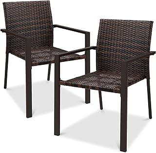 Best Choice Products Set of 2 Stackable Outdoor Wicker Dining Chairs All-Weather Firepit Armchair w/Armrests, Steel Frame for Patio, Deck, Garden, Yard - Brown