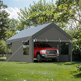 JY QAQA Carport, 10x20 FT Heavy Duty Carport with Removable Side Walls and Doors, Portable Garage with Roll-Up Window and Sandbags, Car Canopy with All-Season Tarp for Cars, Trucks, Boats, Grey