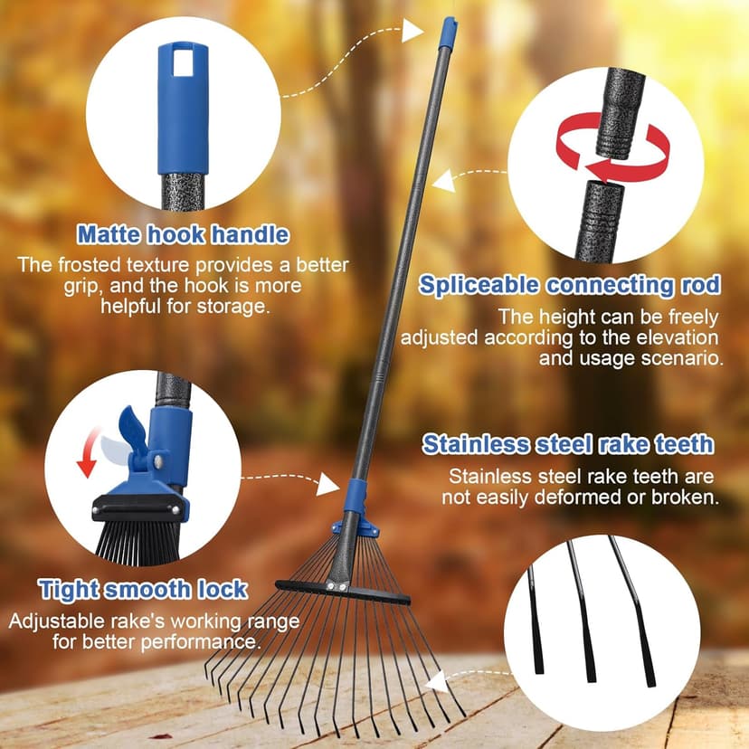 Adjustable Metal Leaf Rake Long Handle, 60 inch Garden Rakes for Lawns Heavy Duty Leaves with Expandable Head 8-17", Yard Women Kids Rake for Gardening RV Camping