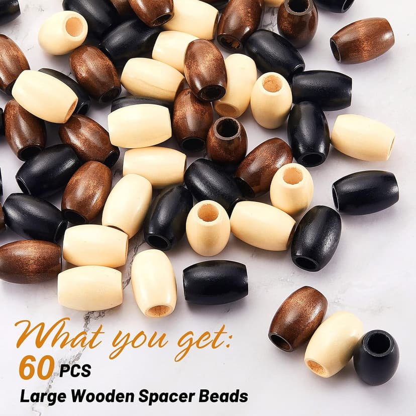 Syhood 60 Pcs Large Hole Wooden Beads 30 x 20 mm Macrame Loose Wood Natural Tube Beads for DIY Hair Craft Making(Multicolor)