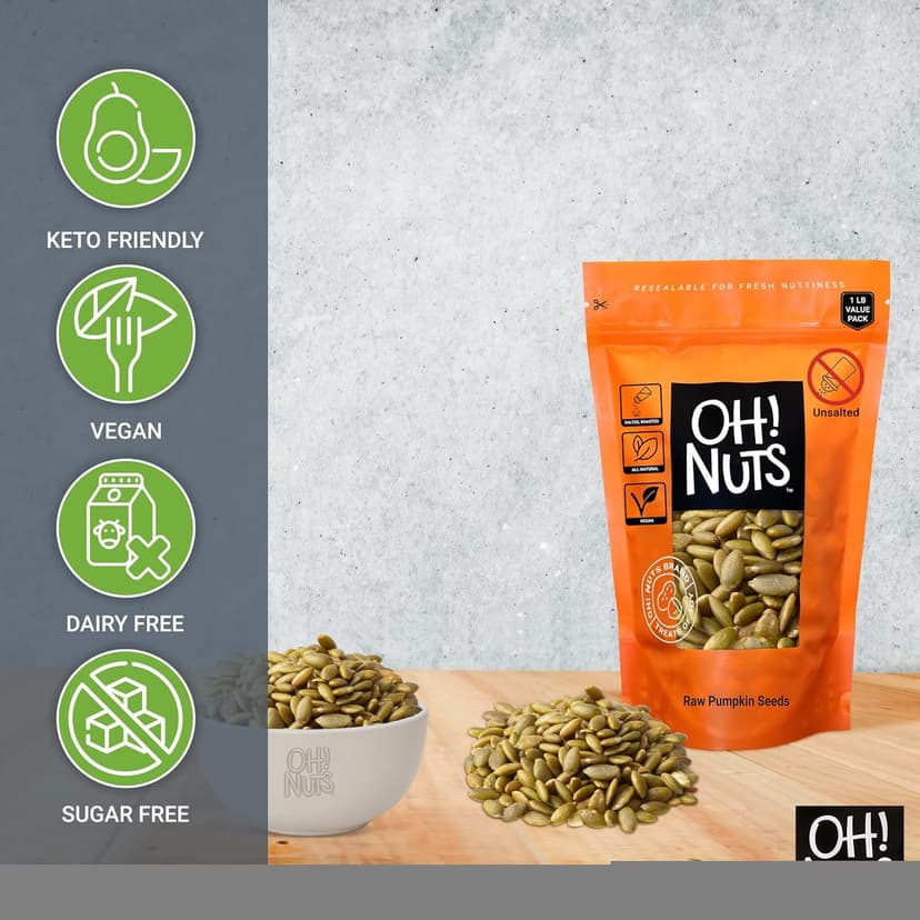 Oh! Nuts Pumpkin Seeds - Raw - 100% Natural - 1 lb - Pepitas Raw Unsalted - Packed in New York Zip-Seal Bag for Exceptional Freshness