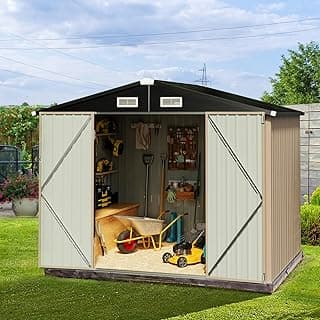Aoxun 8’ x 6’ Outdoor Metal Storage Shed, Steel Utility Tool Shed Storage with Lockable Doors, Metal Sheds Outdoor Storage for Backyard, Garden, Lawn and Patio, Brown