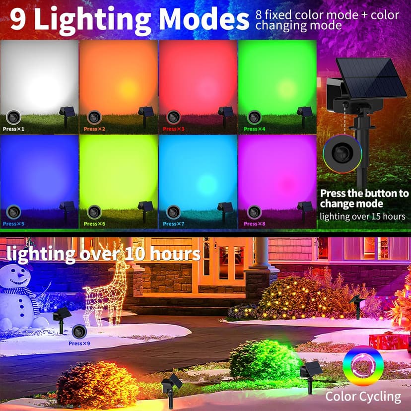 Solar Spot Lights Outdoor Color Changing 27 LEDs Solar Light Outdoor Waterproof 9 Lighting Modes Multicolor RGB Solar Powered Christmas Lights Adjustable Colored Landscape Spotlights- 10 Pack