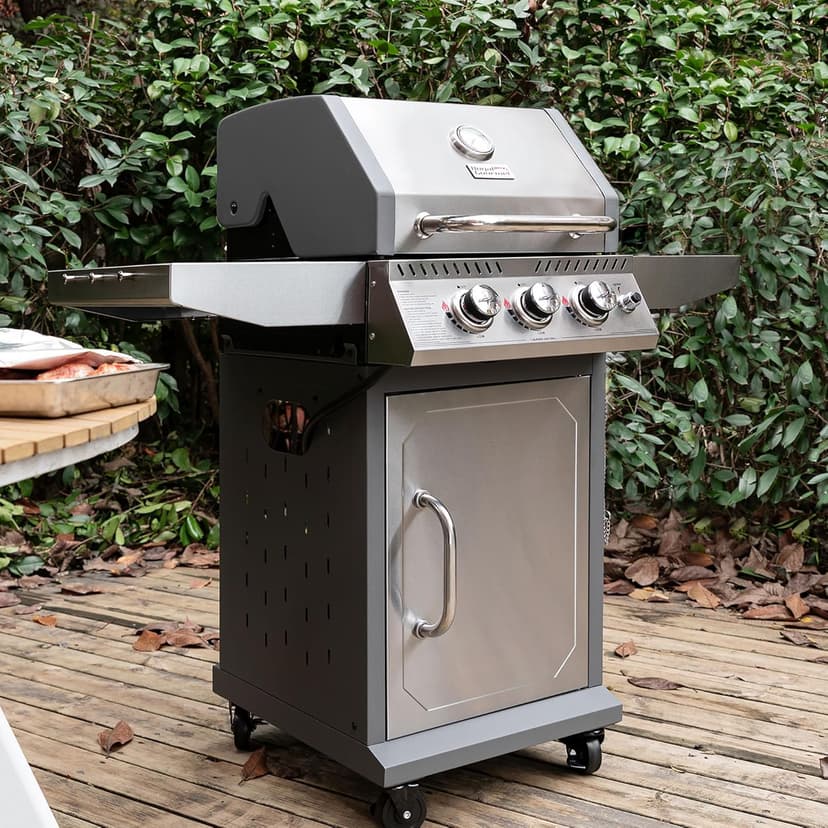 Royal Gourmet GG3001S 3 Burner Propane Gas Grill with Warming Rack, Stainless Steel Cabinet Style Gas Grill with 25,500 BTUs Output for Barbecue Grilling & Backyard Cooking, Silver