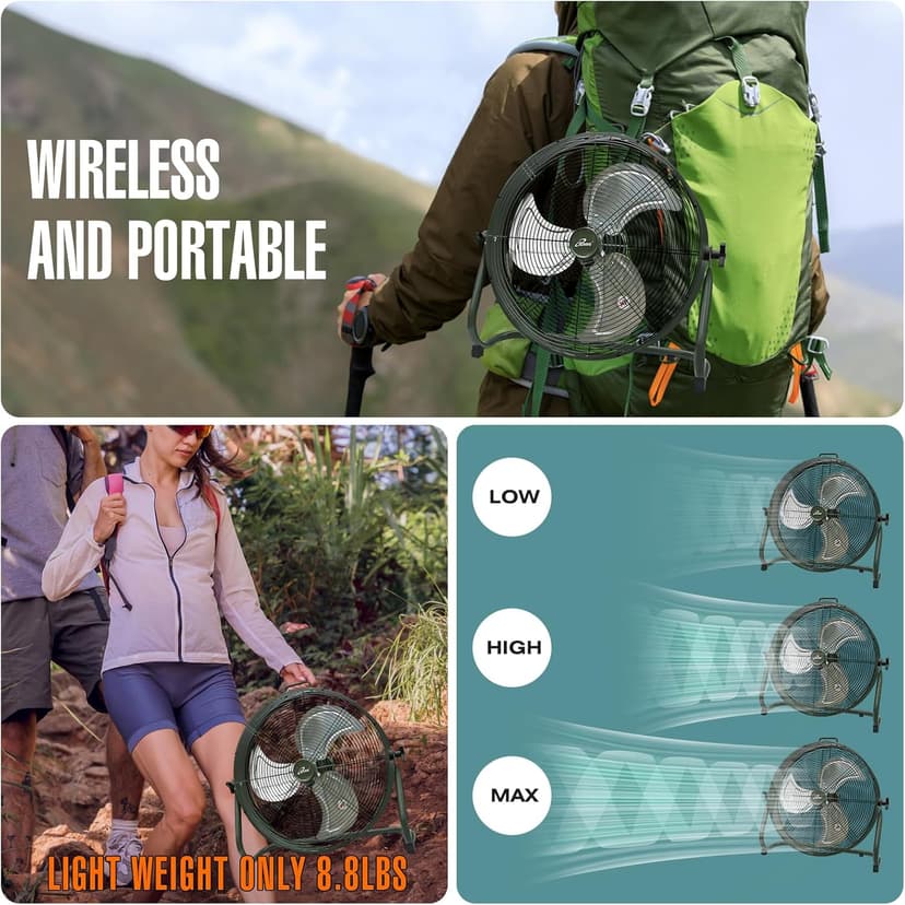 iLiving 18" Rechargeable Battery Operated Camping Floor Fan, High Velocity Portable Outdoor Fan with Metal Blade, With Built-in Lithium Battery for Whole Day Usage, 18 Inches, Military Green