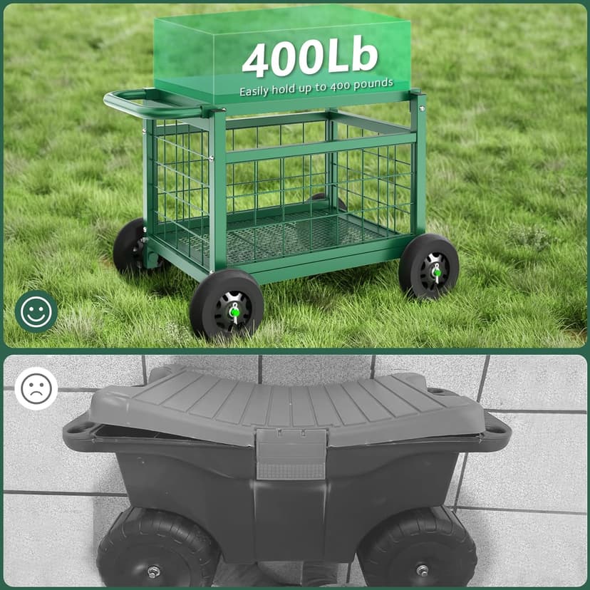 FLINTER Rolling Garden Work Seat with Wheels, Heavy Duty Gardenning Cart with Seat - Garden Rolling Cart Stools w/Wheels for Seniors