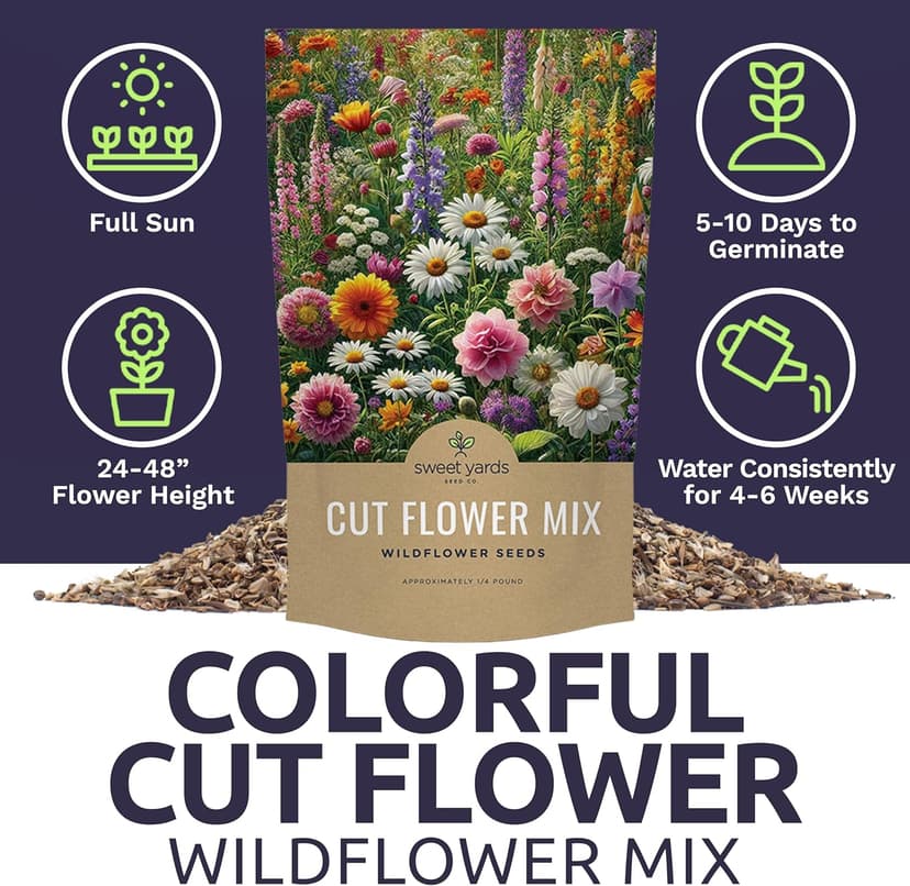 Cut Flower Garden Seeds - Bulk 1/4 Pound Bag - Over 30,000 Fresh Open Pollinated Non-GMO Wildflower Seeds - Long Lasting Annuals and Perennials with Bright Colors