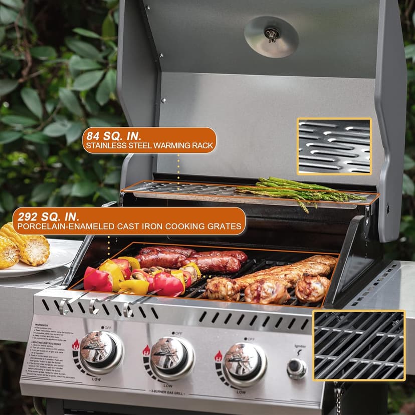 Royal Gourmet GG3001S 3 Burner Propane Gas Grill with Warming Rack, Stainless Steel Cabinet Style Gas Grill with 25,500 BTUs Output for Barbecue Grilling & Backyard Cooking, Silver