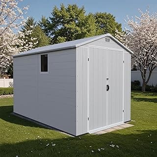 Patiowell 6 x 10 FT Plastic Outdoor Storage Shed with Floor, Resin Outside Tool Shed with Two Windows and Lockable Door for Garden, Backyard, Tool Storage Use, Easy to Install, Light Grey