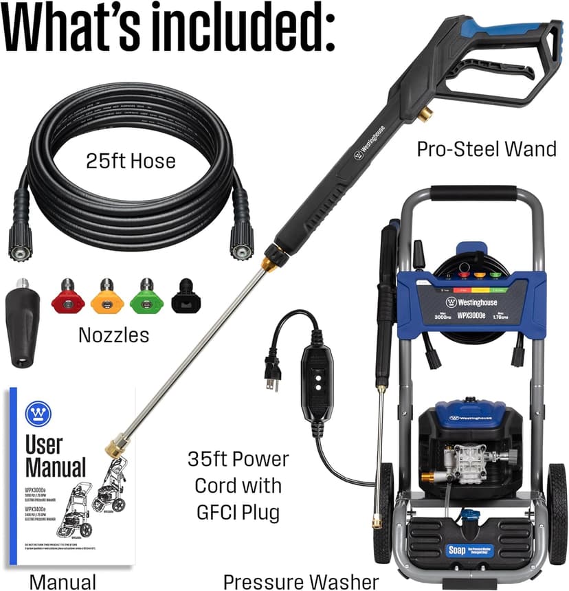 Westinghouse WPX3000e Electric Pressure Washer, 3000 Max PSI and 1.76 Max GPM, Induction Motor, Onboard Soap Tank, Spray Gun and Wand, 5 Nozzle Set, for Cars/Fences/Driveways/Homes/Patios/Furniture