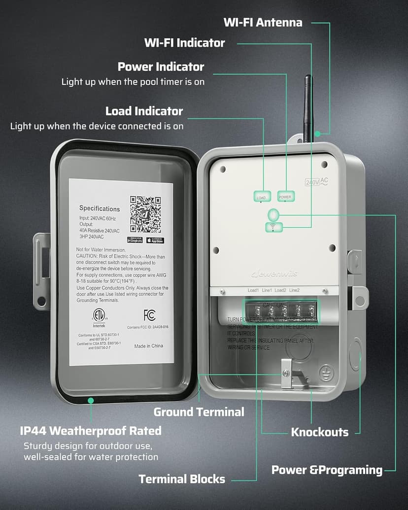 DEWENWILS Pool Pump Timer, Outdoor Smart WiFi Box, Heavy Duty 40A 240VAC 3HP Wireless Controller Timer for Pool, Water Heater, Compatible with Smart Phone, Alexa, Google Assistant, ETL Listed