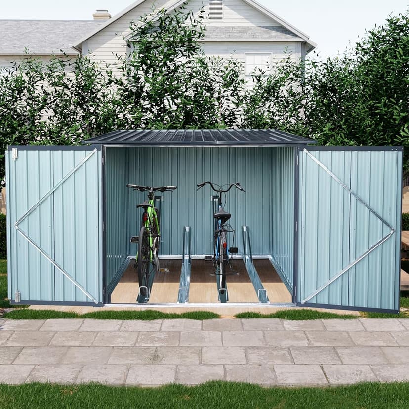 Ball & Cast 6x6 FT Outdoor Bicycle Storage Shed Galvanized Metal Garden Tool House with 4 Bike Tracks & Lock Doors,Waterproof Cabinet W/Slanted Roof Design and Air Vent,Black