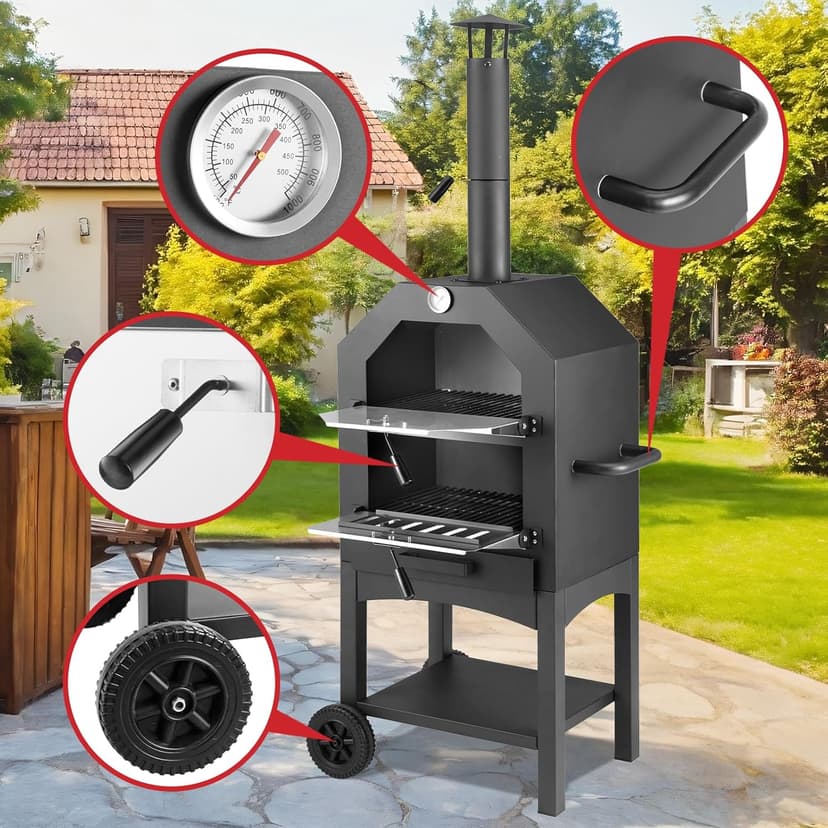 Pizza Oven Outdoor, Wood Fire Pizza Ovens for Outside, Pizza Maker with Waterproof Cover, 12" Pizza Stone, Pizza Spatula and 4pcs Grill Rack Included for Camping Backyard BBQ