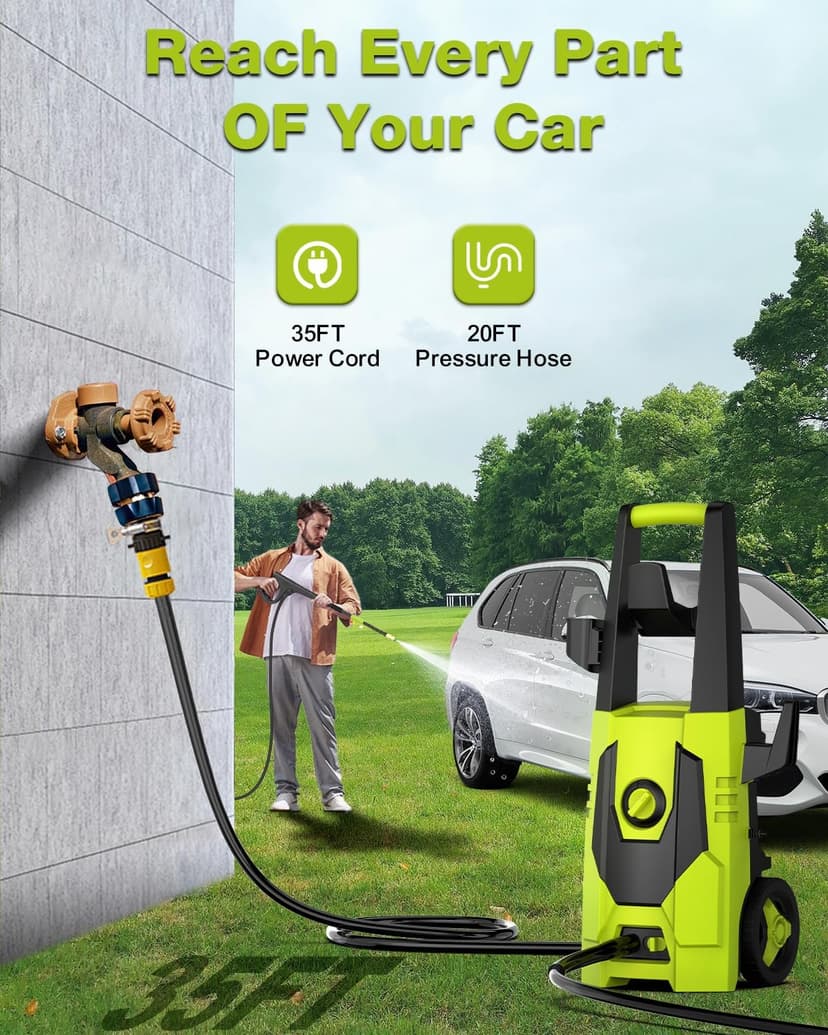 AgiiMan Electric Pressure Washer - 4800PSI Max 3.2 GPM Power Washer with 35FT Power Cord, 20FT Hose, Soap Tank, High Pressure Washer Electric Powerd Car Cleaning for Garden, Patios, Yard, Green