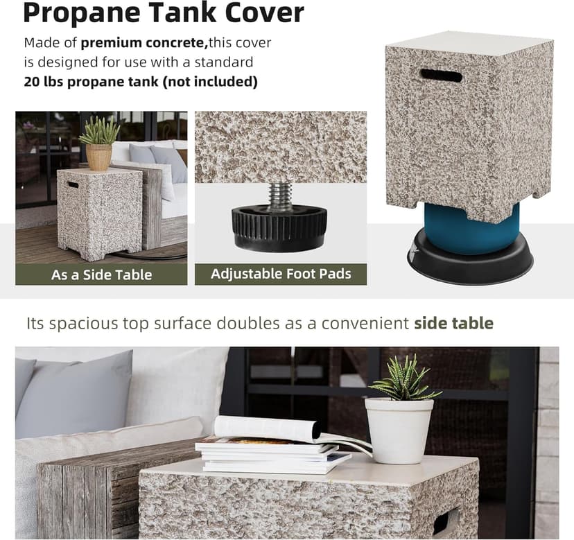 UPHA 42-inch Outdoor Propane Gas Fire Pit Table 50000 BTU Concrete Rectangle FirePit for Outside Patio with Propane Tank Cover, Wind Guad, Lava Rocks, Rain Cover, Beige Texture