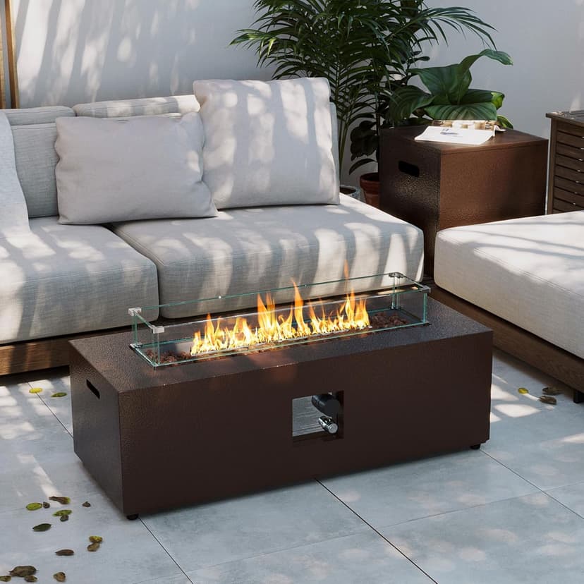 UPHA 42-inch Outdoor Propane Gas Fire Pit Table 50000 BTU Iron Rectangle FirePit for Outside Patio with Tank Hidden Table, Wind Guard, Removable Lid, Lava Rocks, Rain Cover, Brown