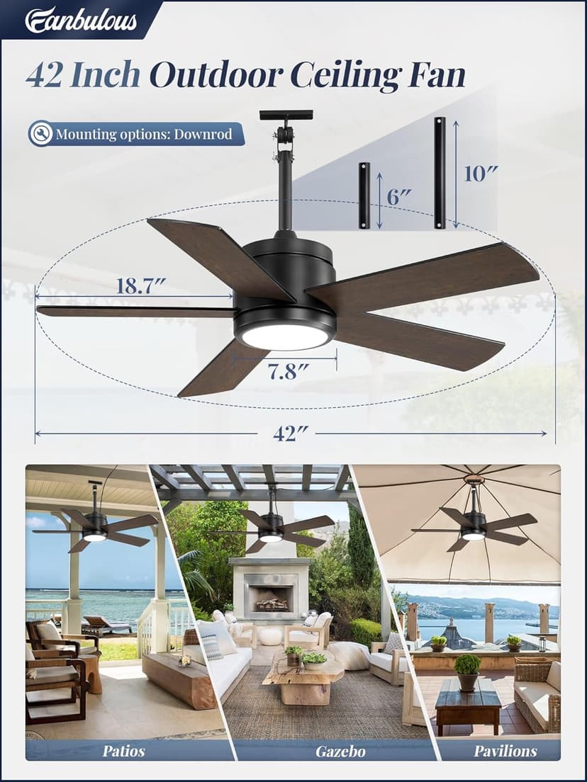 42 In Waterproof Outdoor Ceiling Fan with Light and Remote IP65 Plug in Wet Rated Outdoor Ceiling Fans for Patios Waterproof Gazebo Hanging Fan 3CCT 6 Speed, for Outside Porch Pergola Garage