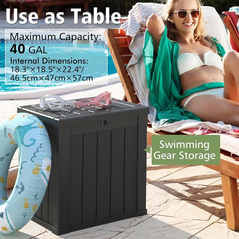 KAMABOKO 40 Gallon Resin Deck Box Large Outdoor Storage Boxes for Patio Furniture, Garden Tools, Pool Supplies, Weatherproof and UV Resistant, Lockable, Dark Black