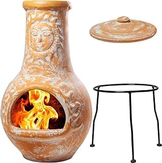 Wiosi Medium Chiminea Outdoor Fireplace Clay Chimineas with Chimney Rain Lids and Solid Metal Stands - Yellow Terracotta Chimenea - Rustic Fire Pit Chimnea 16 x 16 x 32-inch