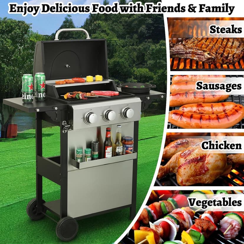 3 Burner Small Propane Gas Grill with Porcelain-Enameled Grates & Thermometer, Stainless Steel BBQ Grill 25650 BTU with Folding Side Tables for Outdoor Cooking Kitchen, Garden, Patio