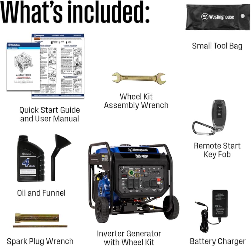 Westinghouse 10000 Peak Watt Portable Open Frame Inverter Generator, Remote Electric Start with Auto Choke, Transfer Switch Ready, Gas Powered, CO Sensor