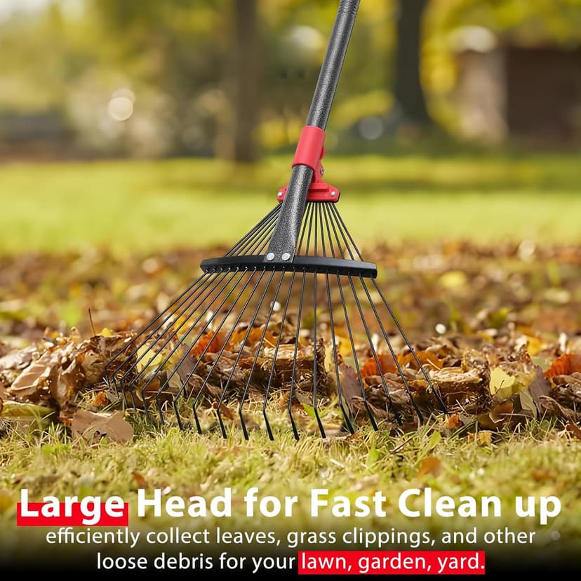 Rake, Adjustable Rake for Leaves with 9”-17” Rake Head, Rakes for Lawns Heavy Duty, 60 in Garden Rake with 18 Clog-Free Tines, Long Handle, Metal Rakes Tool for Gardening, Fast Cleanup Camping Rake