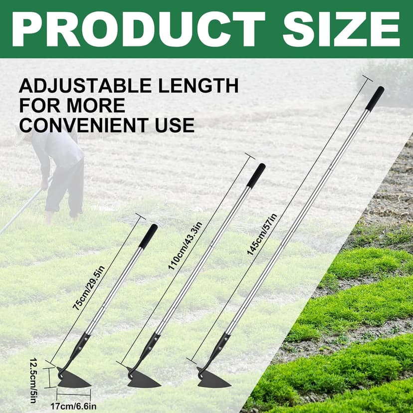 Warren Hoe, Carbon Steel Triangle Garden Hoe with Stainless Steel 57" Adjustable Long Handle, Heavy Duty Gardening Hand Tools Hoe for Ridging Weeding Digging Loosening Edging Soil