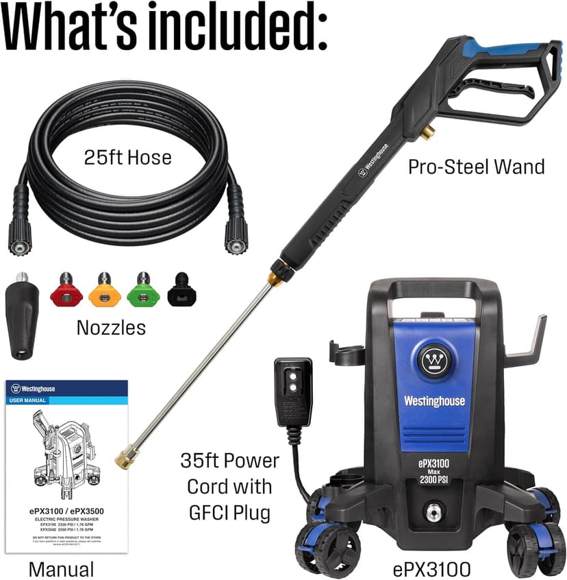 Westinghouse ePX3100 Electric Pressure Washer, 2300 Max PSI 1.76 Max GPM with Anti-Tipping Technology, Onboard Soap Tank, Pro-Style Steel Wand, 5-Nozzle Set, for Cars/Fences/Driveways/Home/Patios