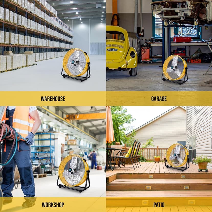 Tornado - 24 Inch High Velocity Heavy Duty Tilt Metal Drum Fan Yellow Commercial, Industrial Use 3 Speed 8540 CFM 1/3 HP 8 FT Cord UL Safety Listed (YELLOW)