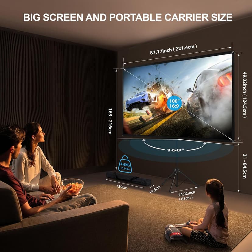 Portable Projector Screen with Stand, ALR Projector Screen 100 Inch 16:9, Outdoor Projection Screen, High Contrast, Work in Ambient Light, Compact, Easy Setup, Idea for Home Cinema, Backyard Party
