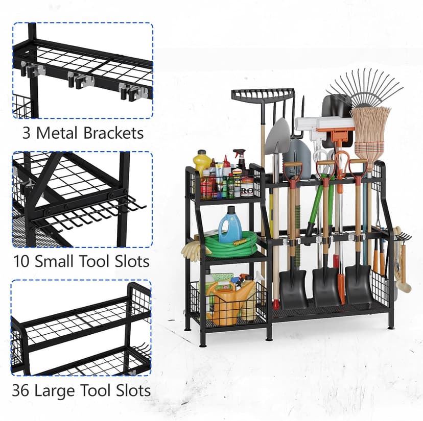 keomaisyto Garden Tool Organizer for Garage/Shed, 3 Tier Garage Tool Organizer and Storage Holder with Hooks, Large Garden Tools Tower Rack with Storage Basket for Shed/Yard/Lawn
