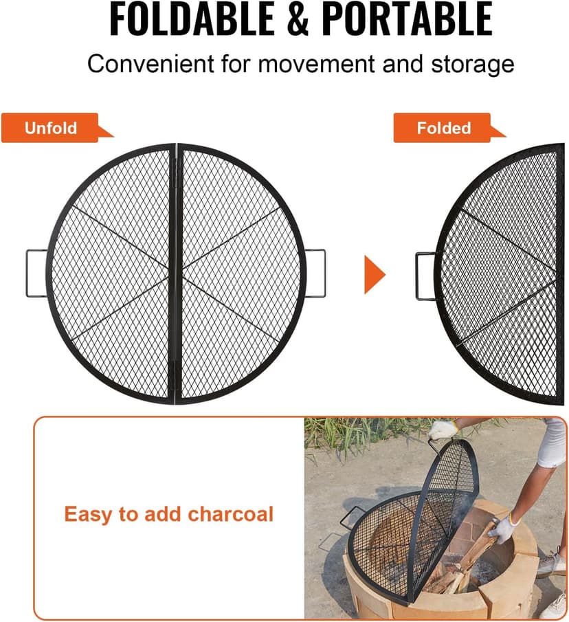VEVOR X-Marks Fire Pit Grill Grate, Foldable Round Cooking Grate, Heavy Duty Steel Campfire BBQ Grill Grid with Handle and Support X Wire, Portable Camping Cookware for Outside Party, 36 Inch Black