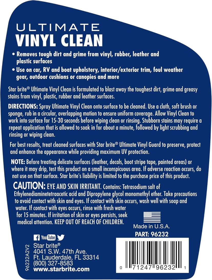 STAR BRITE Ultimate Vinyl Clean Spray - Multi-Surface Cleaner for Auto, RV, Home & Boat Upholstery - Vinyl, Rubber, Leather, Plastic + Interior & Exterior Trim - 32 OZ (096232)