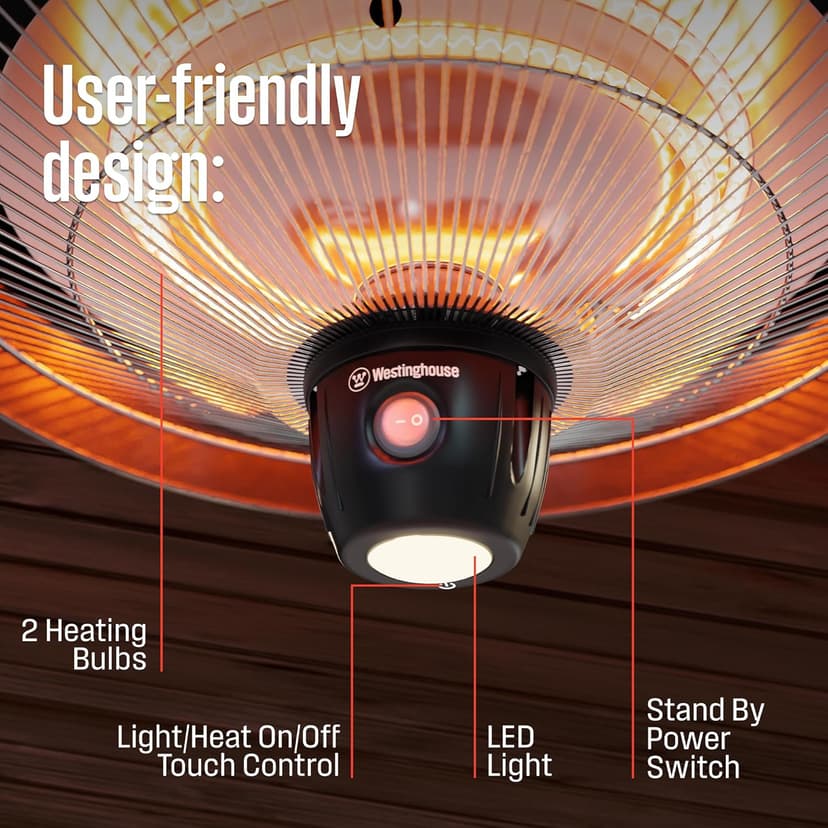 Westinghouse Outdoor Ceiling Patio Heater, Water Resistant, Adjustable Heat Output Up to 1500W, Auto Shut Off Overheat Protection, Hanging Infrared Heater for Patio Cover, Gazebo, & More - Black