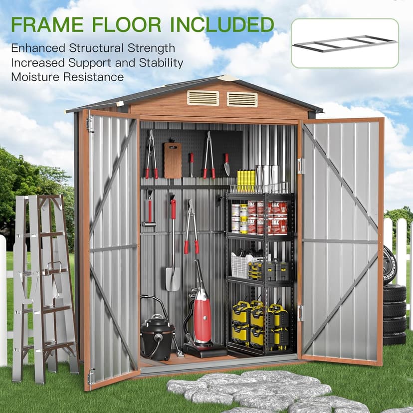 Outdoor Storage Shed, 5x3 Ft Metal Steel Tiny House with Frame Floor & Lockable Door, Vertical Outside Storage Building for Garden, Backyard, Lawn, Patio Utility, Tool Storage