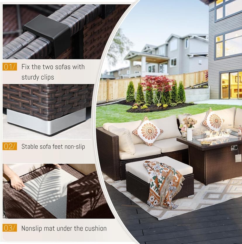 BULEXYARD 9 Piece Highback Patio Furniture Set with Fire Pit Table, Modern Modular Outdoor Sectional Couch Sofa with Ottoman, 8-Seater Backyard Seating for Exterior, Deck, Brown Wicker & Beige Cushion