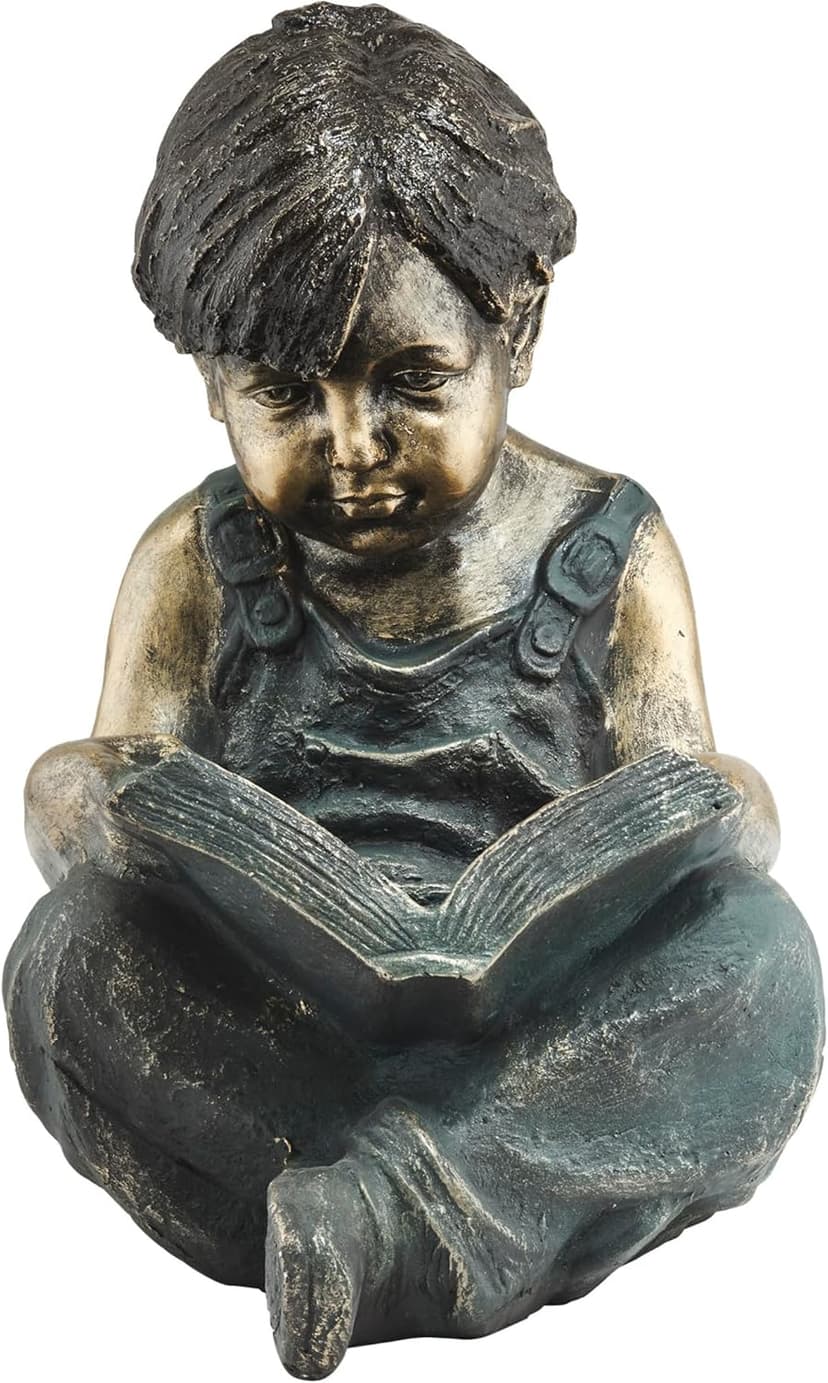Alpine Corporation 19" Tall Indoor/Outdoor Boy Sitting Down Reading Book Statue Set Yard Art Decoration