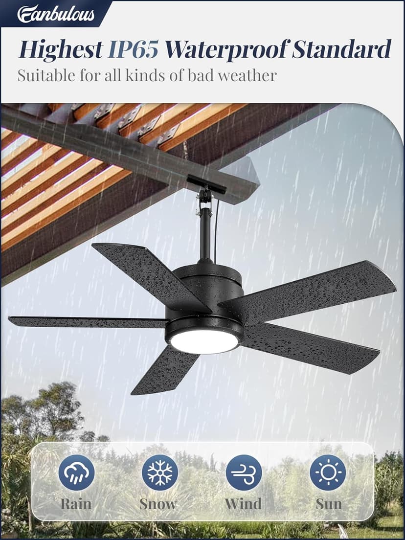 42 In Waterproof Outdoor Ceiling Fan with Light and Remote IP65 Plug in Wet Rated Outdoor Ceiling Fans for Patios Waterproof Gazebo Hanging Fan 3CCT 6 Speed, for Outside Porch Pergola Garage